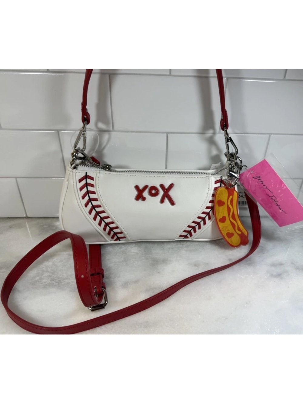 BETSEY JOHNSON Baseball Shoulder Bag Crossbody Strap with Hotdog Bag Charm - Picture 6 of 9